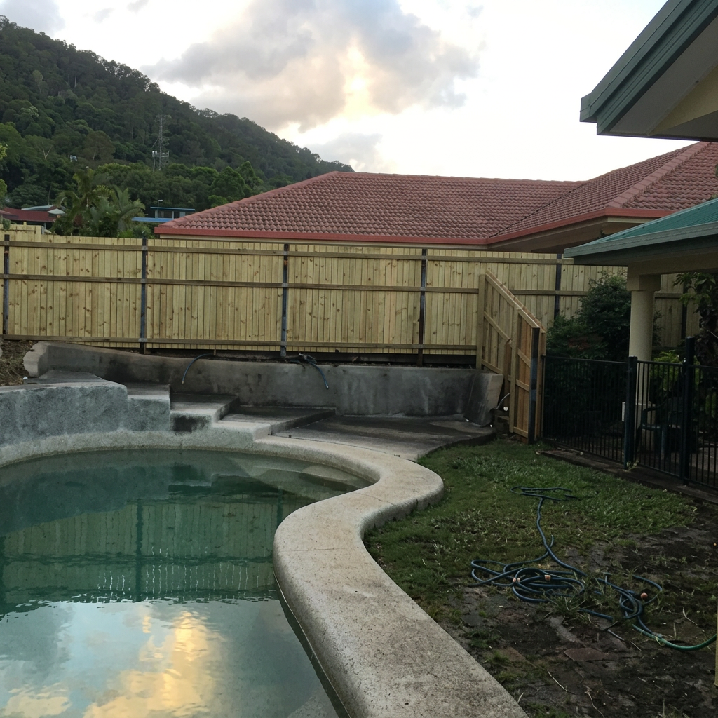 Bamboo-style timber pool privacy screen in a Far North Queensland backyard